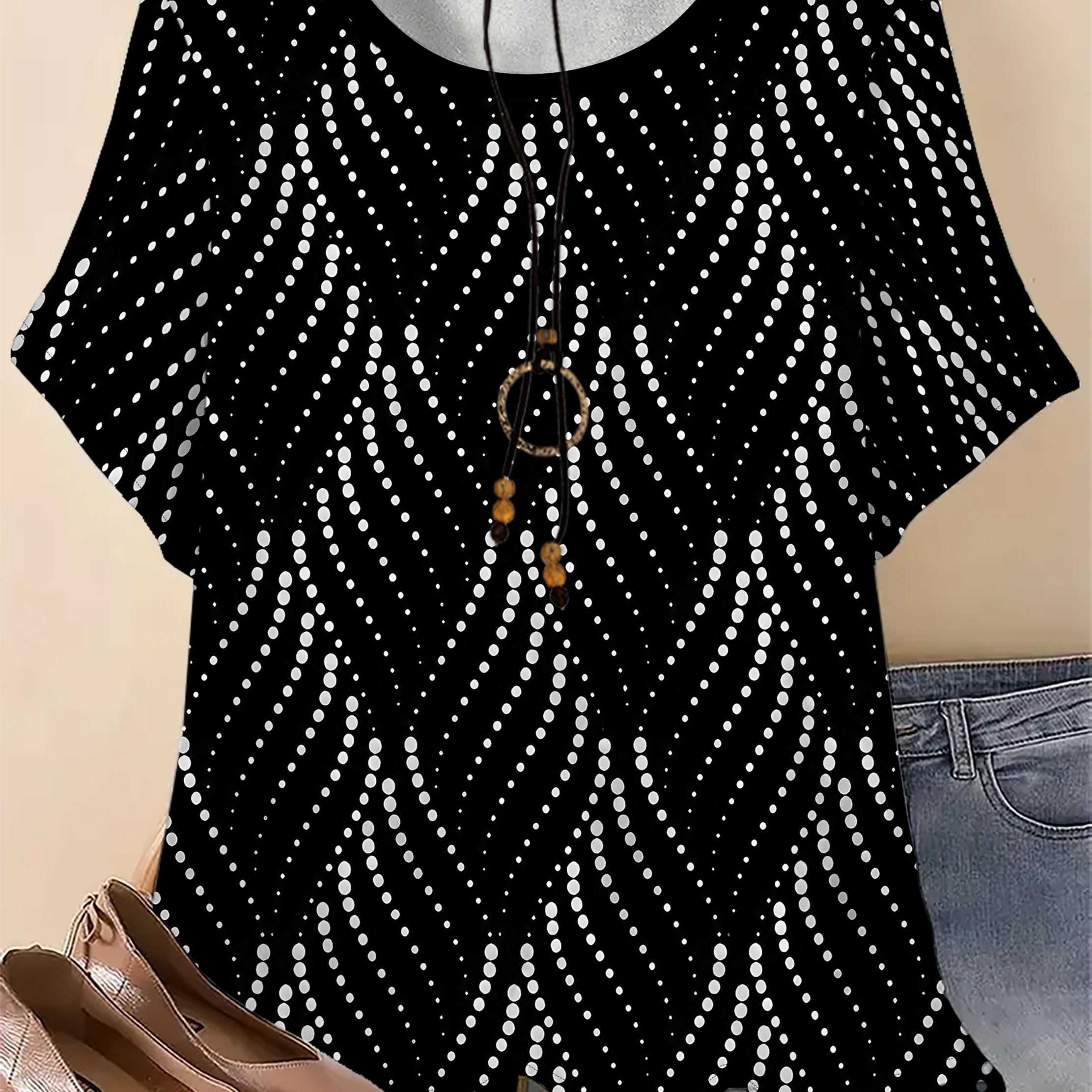 TEMU Plus Size, Women's Oversized Round Neck T-shirt - Short Sleeve Loose With Full-body Black Geometric Print, Casual Summer Shirt Suitable For