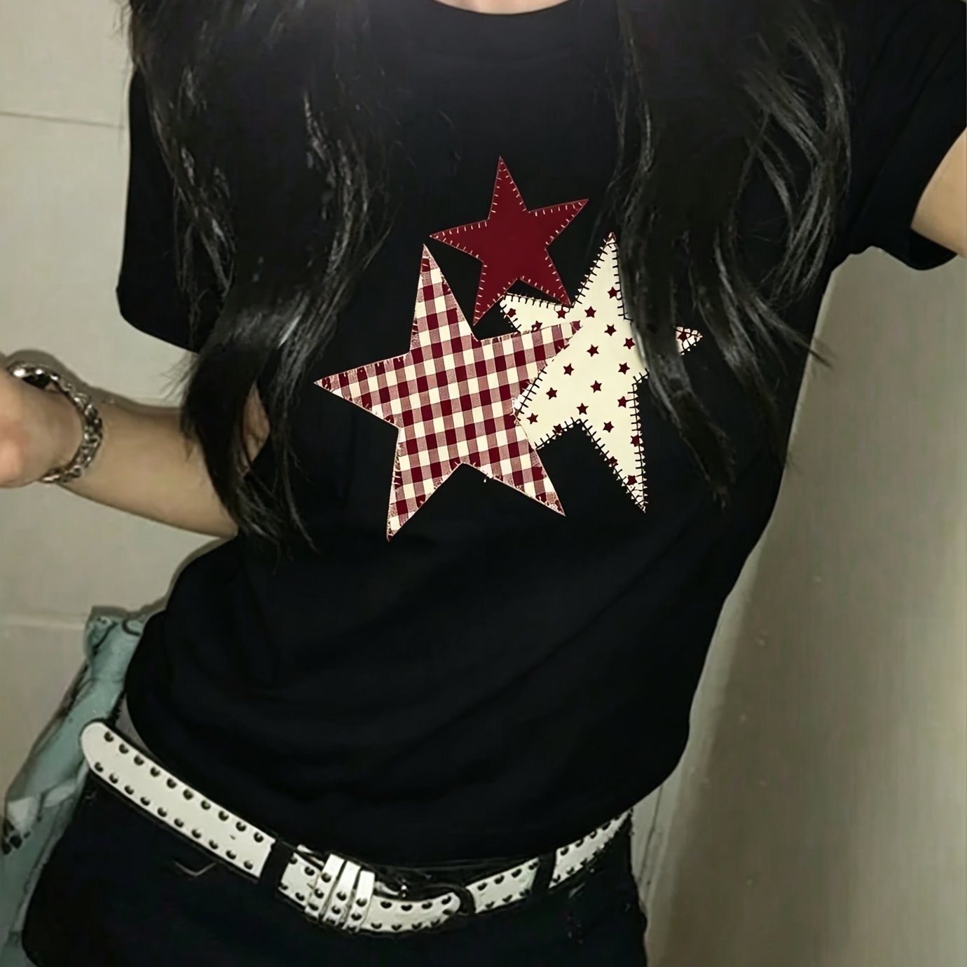 TEMU 펜타그램 패턴 프린트 일본 스타일 이지 유니섹스 루즈핏 티셔츠, 신상 봄/여름 스타일