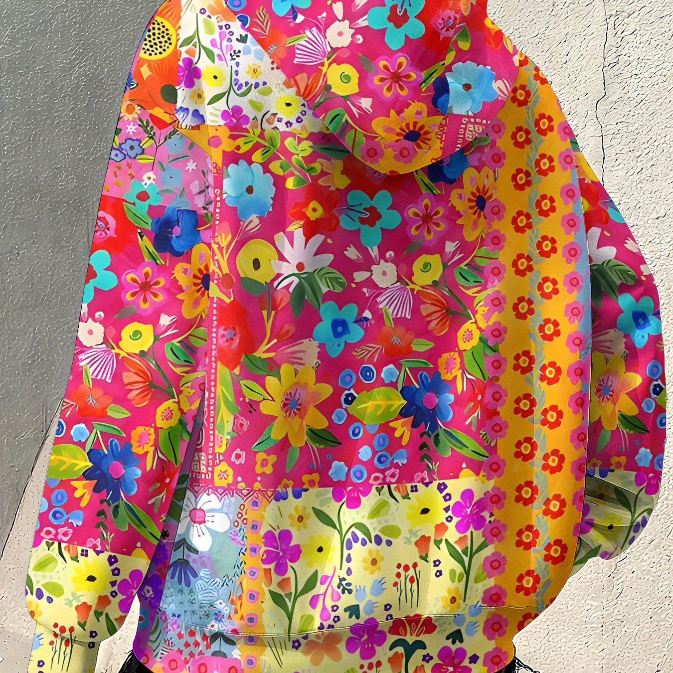 TEMU Plus Size - Women's Printed Hooded Zip-up Sweatshirt - Lightweight Jacket, Full Zip Front, Machine Washable In Floral Patterns