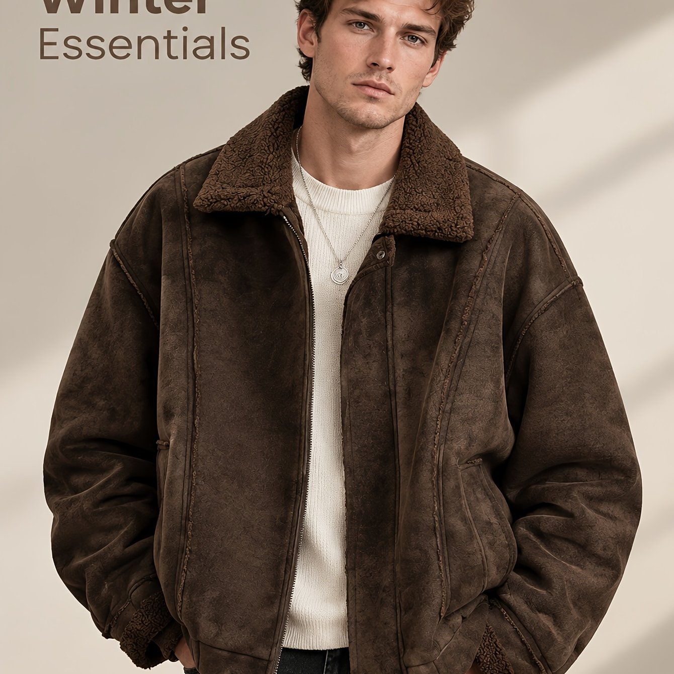 Image of Hot 1pc Men's Dark Brown Faux Suedette Fur Jacket, Oversized Plush Lapel, Zipper Snap Closure, Loose Retro Style, Winter Regular Fit Outerwear, Daily Street Wear