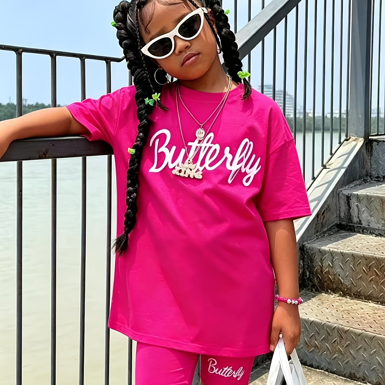 Image of Girls Letter Print Two-piece Set | Style, Loose Short Sleeve And Shorts Suit, Knitted Fabric, Medium Stretch, Alphabets Pattern, Regular Fit, Perfect For Outdoor, Suitable For Spring/summer