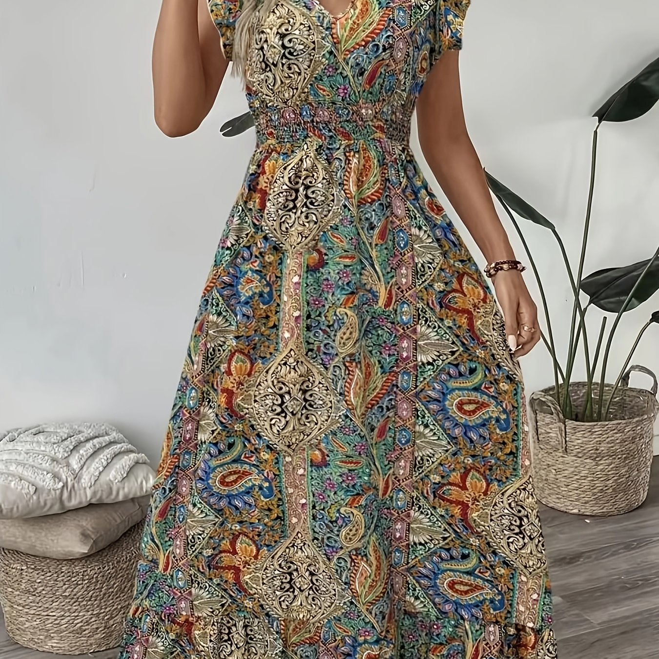 Vacation Casual Paisley Print V-neck Long Dress