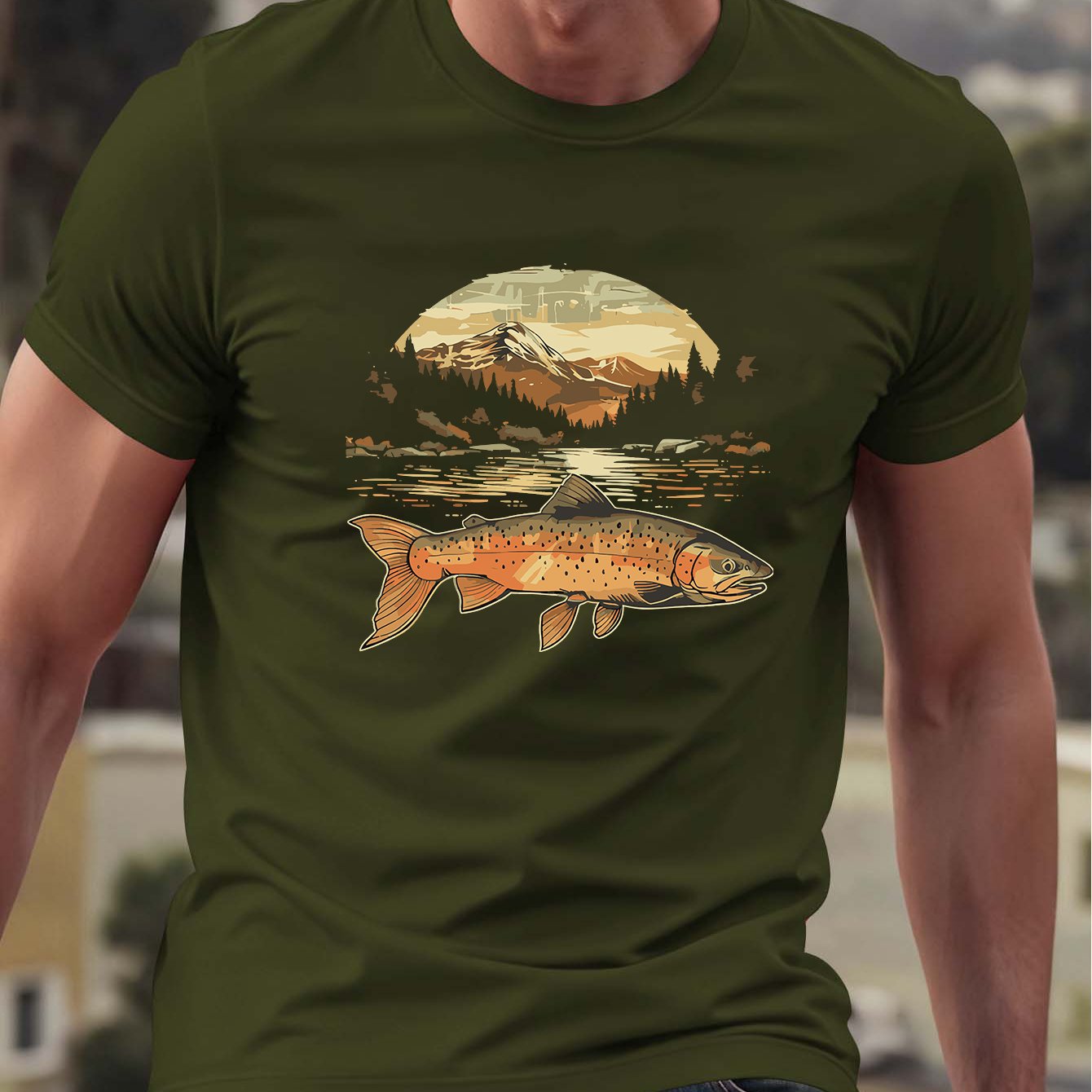 TEMU Vintage Trout Fishing T-shirt - Short Sleeve Crew Neck Casual Outdoor Shirt With Trout Illustration Print, Suitable For, Camping & Daily Wear,