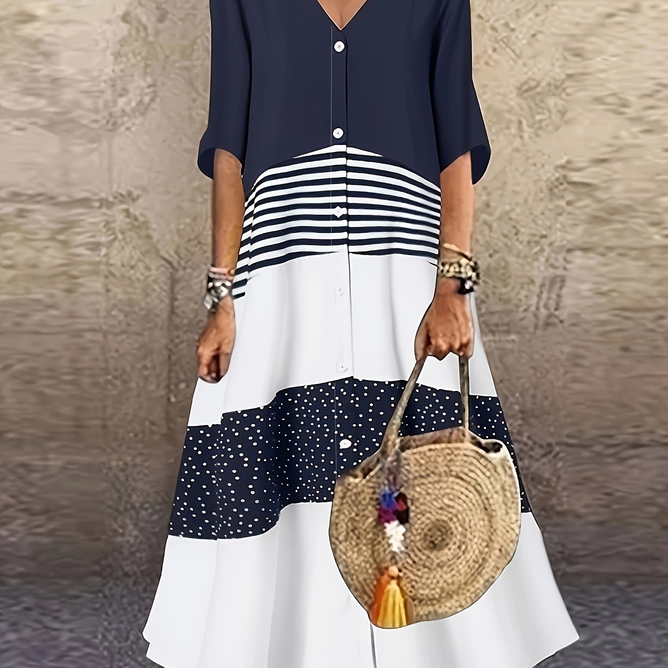 Plus Size, New Summer Printed V-neck Pullover Plus Size Dress, Women's Plus Size Dress With Button Decoration