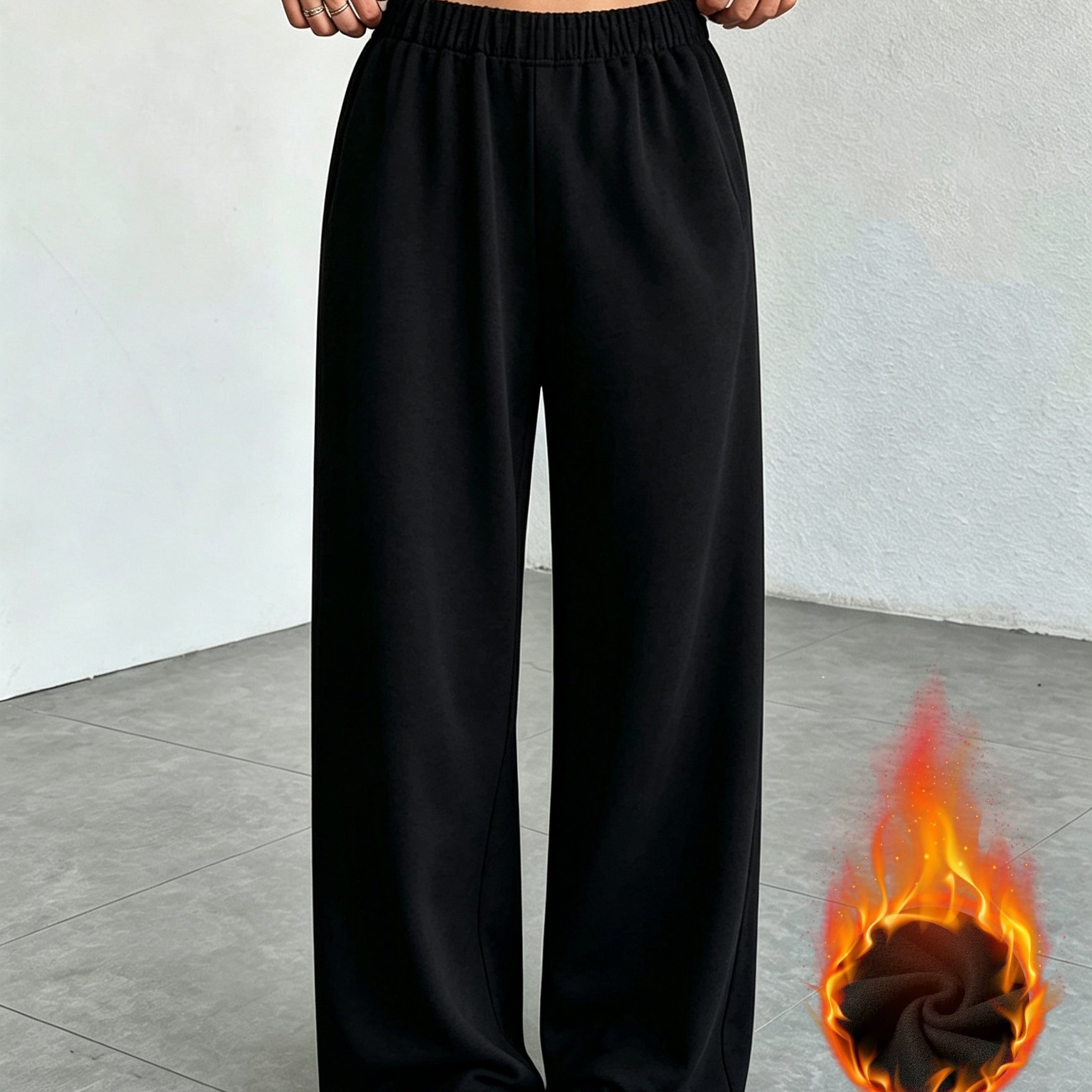 TEMU Women's High-waisted Thermal Wide-leg Trousers - Elastic Waistband Pants Suitable For Fall/winter, Solid Color Straight-leg Workouts & Daily
