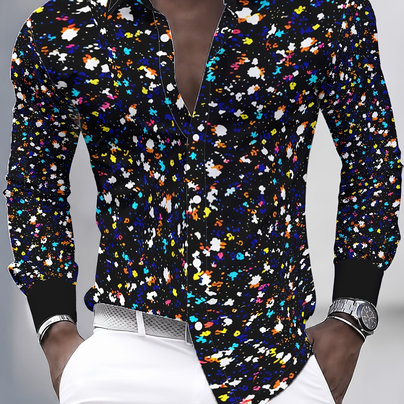 TEMU Men's Casual Long Sleeve Shirt, Black Background With Colorful Polka Dot Pattern, Trendy New Summer Wear, Casual Daily Wear, Vacation Beach Long