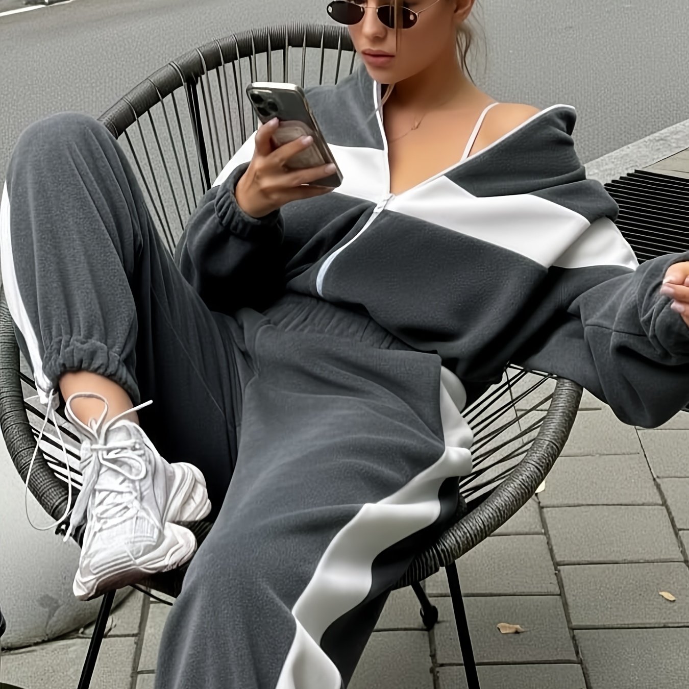 TEMU Women's Fall Winter Contrast Open Cardigan Zipper Design Loose And Solid Color Loose Joggers Long Pants Temperament Daily All-match Travel
