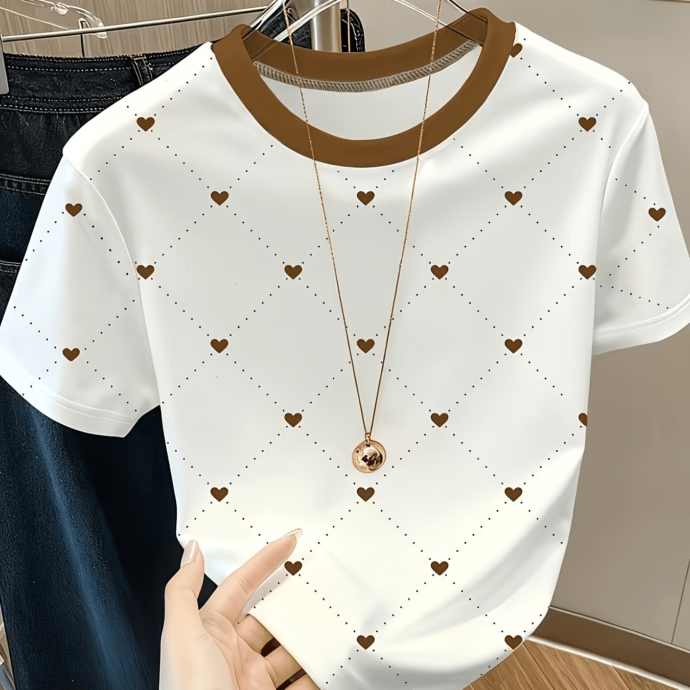TEMU Women's Dotted Grid Small Heart Pattern Printed Fashion Casual Athletic Round Neck Short Sleeve T-shirt