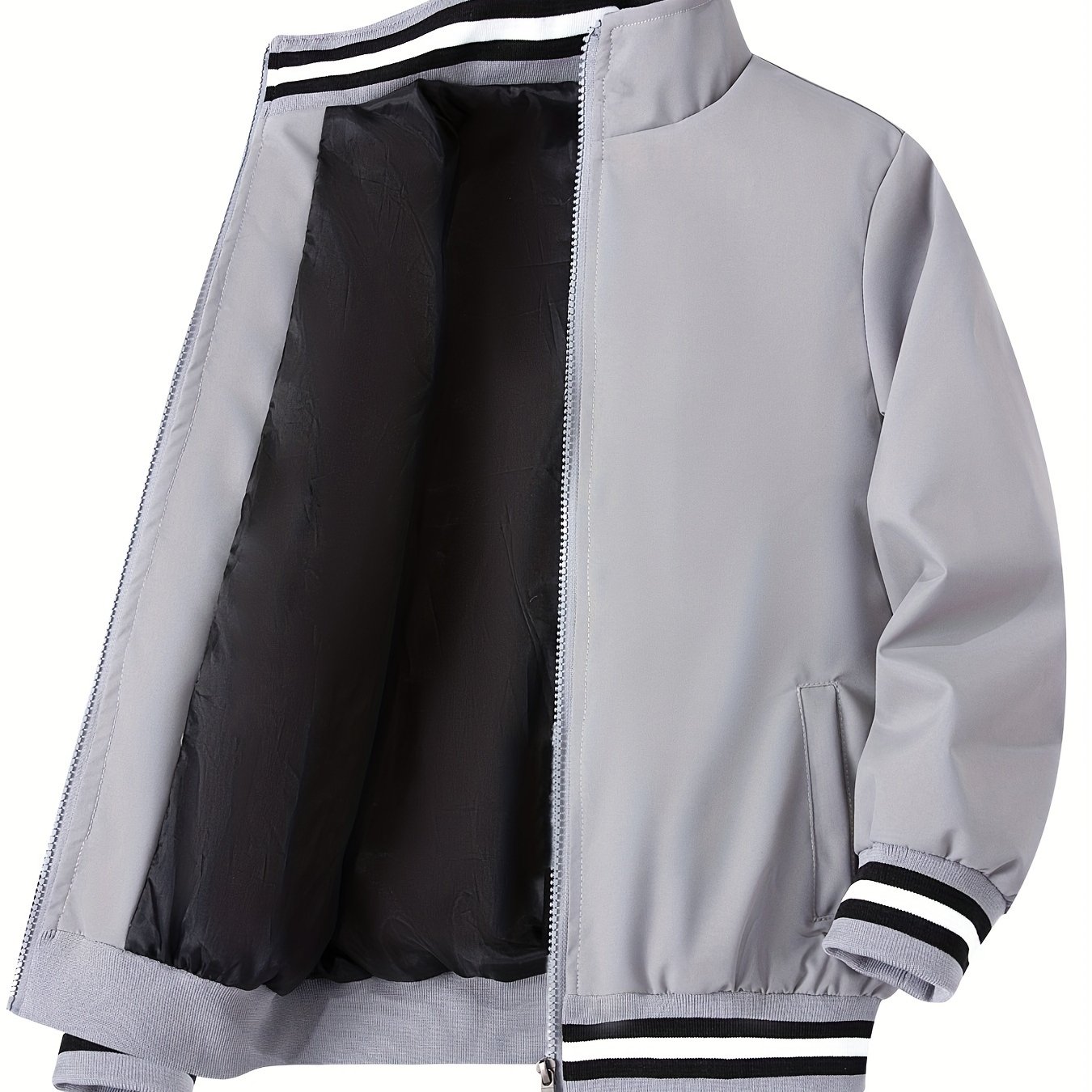Image of Stylish Boys' Stand Collar Zipper Jacket - Children's Outerwear Suitable For Casual Daily Wear And Outdoor Activities