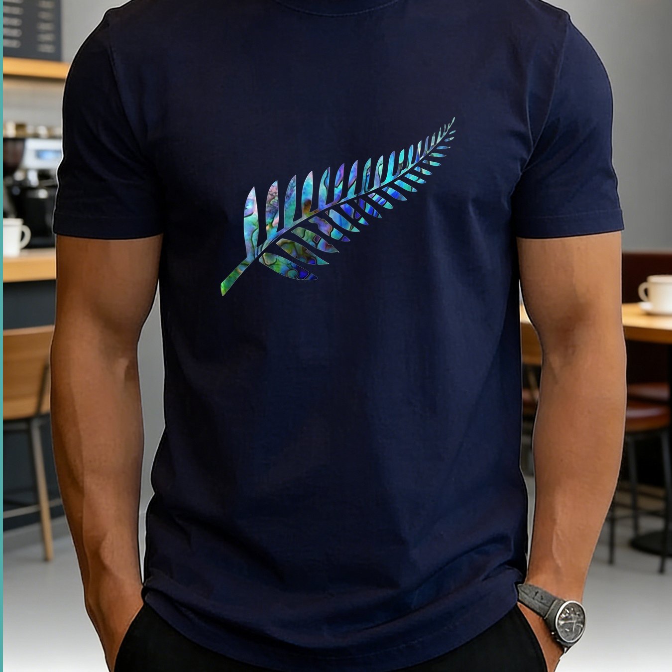 TEMU Iridescent Silvery Print T-shirt, New Zealand Ethnic Style, Light Luxury Texture, Casual Versatile Comfortable Crew Neck Top