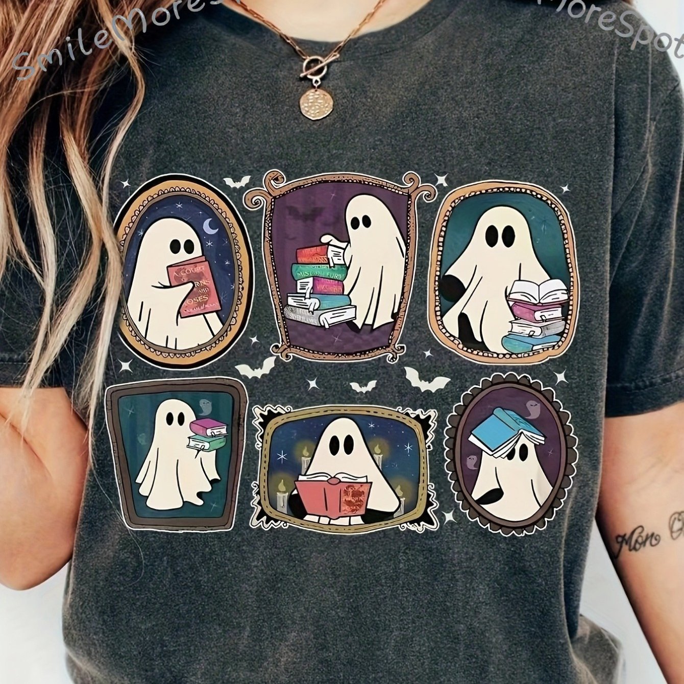TEMU Women's 100% Retro Portrait Frame Bookish Short Sleeve T-shirt, Cute Spooky Reading Collage Print Soft Breathable Crew Neck Top For Halloween