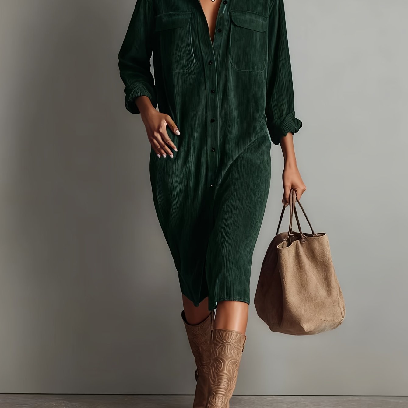 TEMU Women's Corduroy Dress With Collar & Single-breasted Buttons - Loose Midi Length Dress Suitable For , Corduroy Fabric, Casual To Dressy Wear,