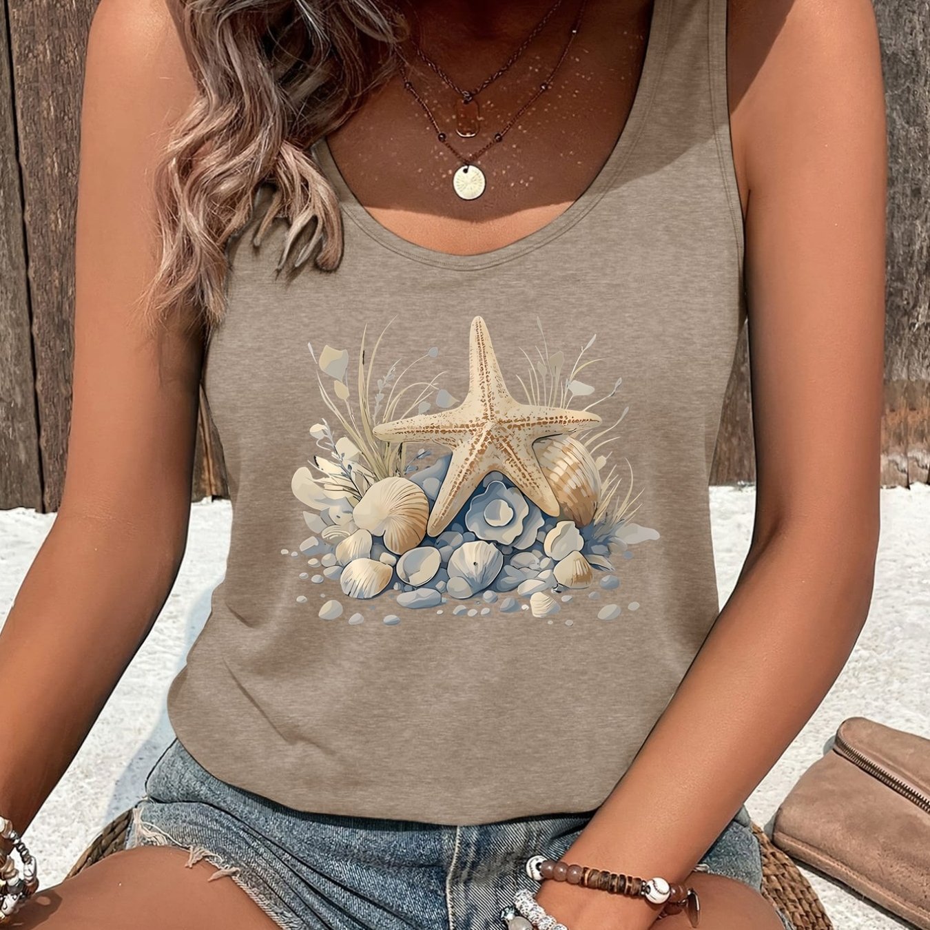 TEMU Women's Starfish & Print Tank Top - Non- Crew Neck Sleeveless Blouse Pb-2 Shirt, Medium Stretch Casual Summer Beachwear, Machine Washable For