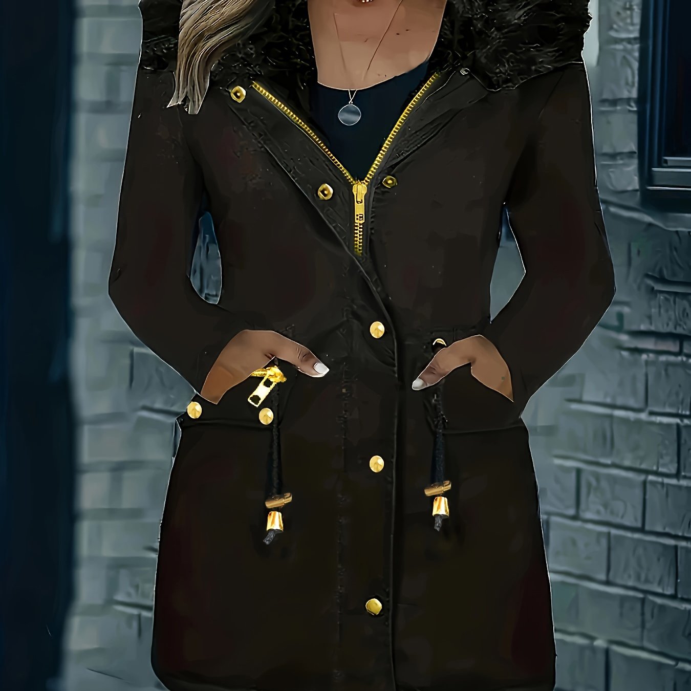 Image of Hooded Parka With Drawstring, Zippered Front Pockets And Button Closure Warm Coat, Women's Clothing