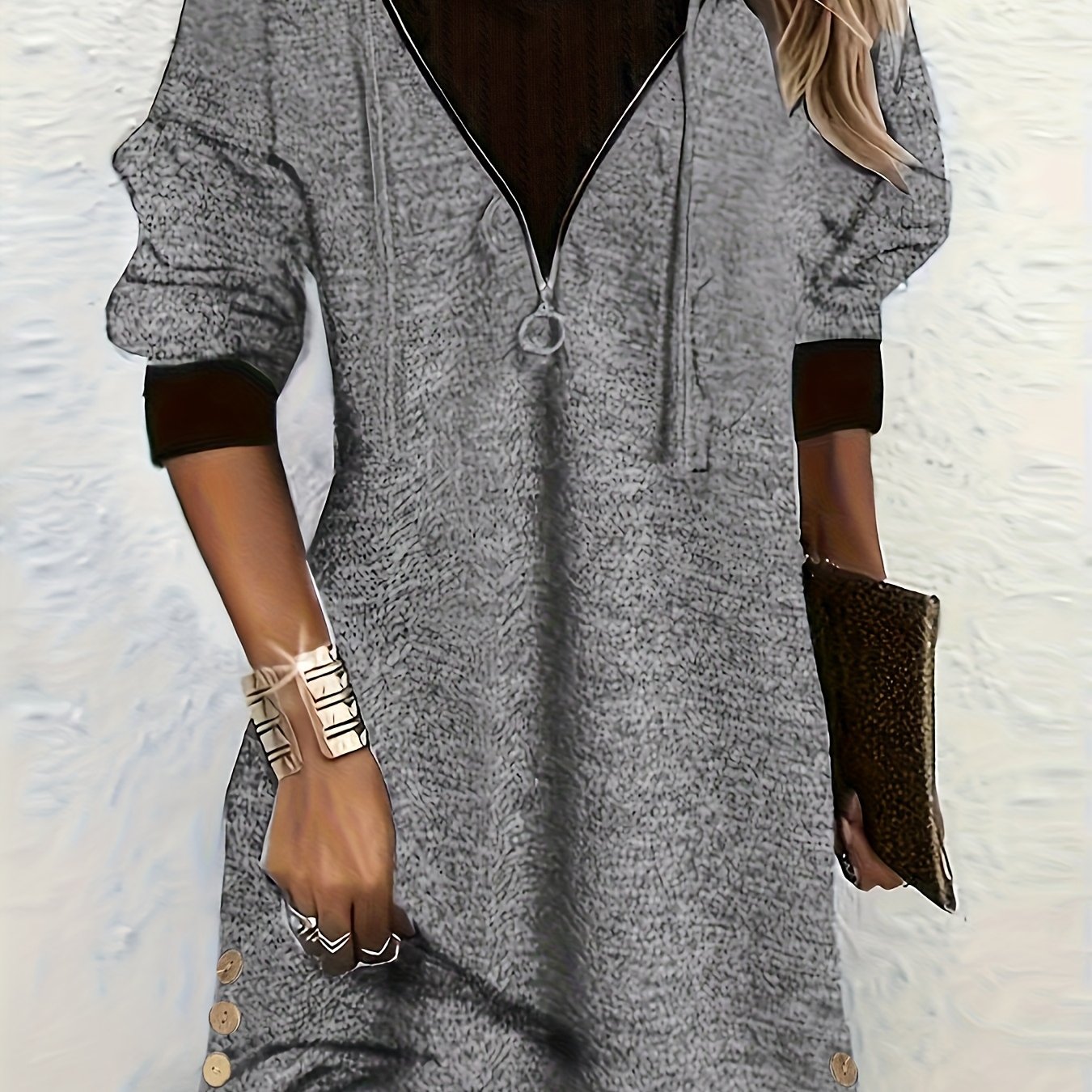 Image of Autumn Women's Hooded Dress, Long Sleeve Zipper Decorated , Mid-length Pullover Sweatshirt Casual Women's Dress