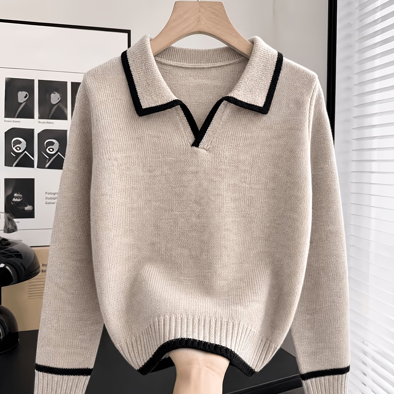 TEMU Autumn Winter Contrast Color Collar Sweater Women Versatile Long Sleeve Preppy Style Pullover Top