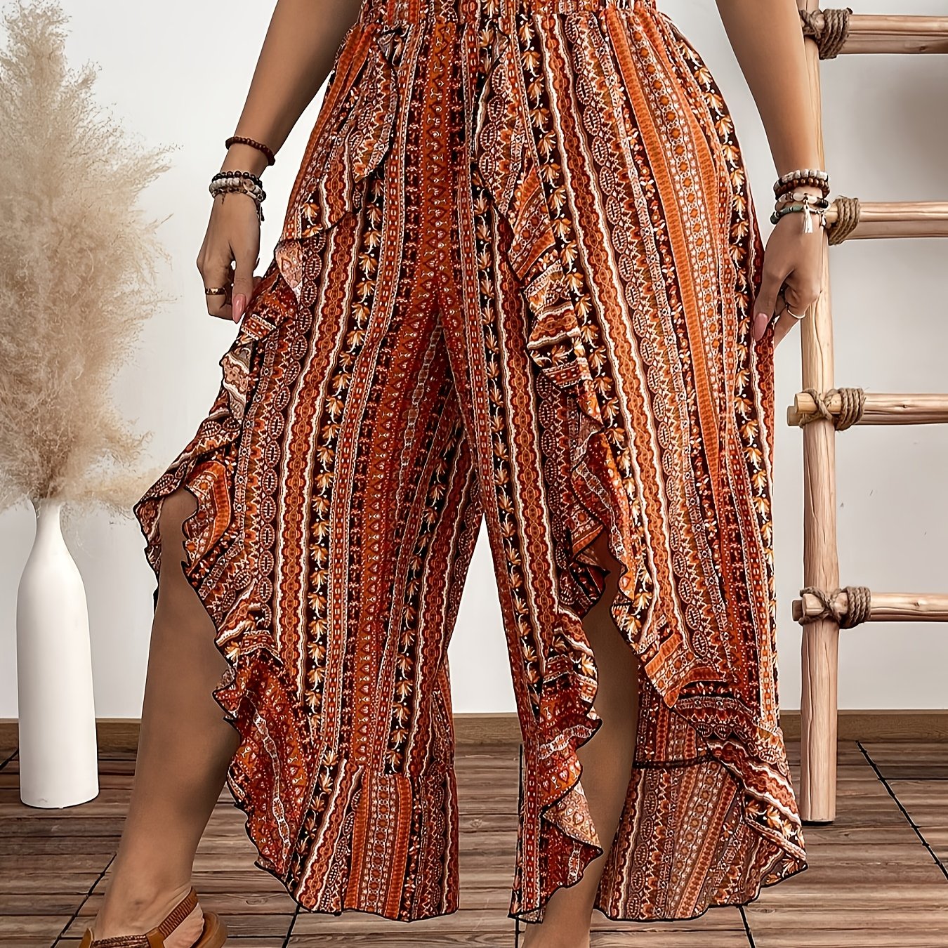 E-shop Damen Plus Size Sommermode Druck Weite Beine Hose - Elegante, locker sitzende, gerüschte Ärmel und Schlitzdesign, nicht dehnbarer Stoff, lässige