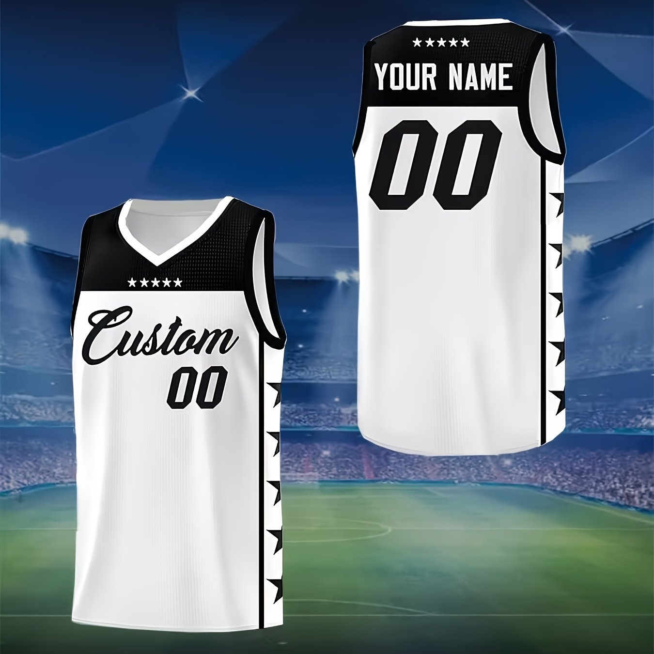 TEMU Custom Men's Basketball V-neck Tank - Personalized With Name And Number, Black And White V-neck Short Sleeves, Star Decorations, Breathable,