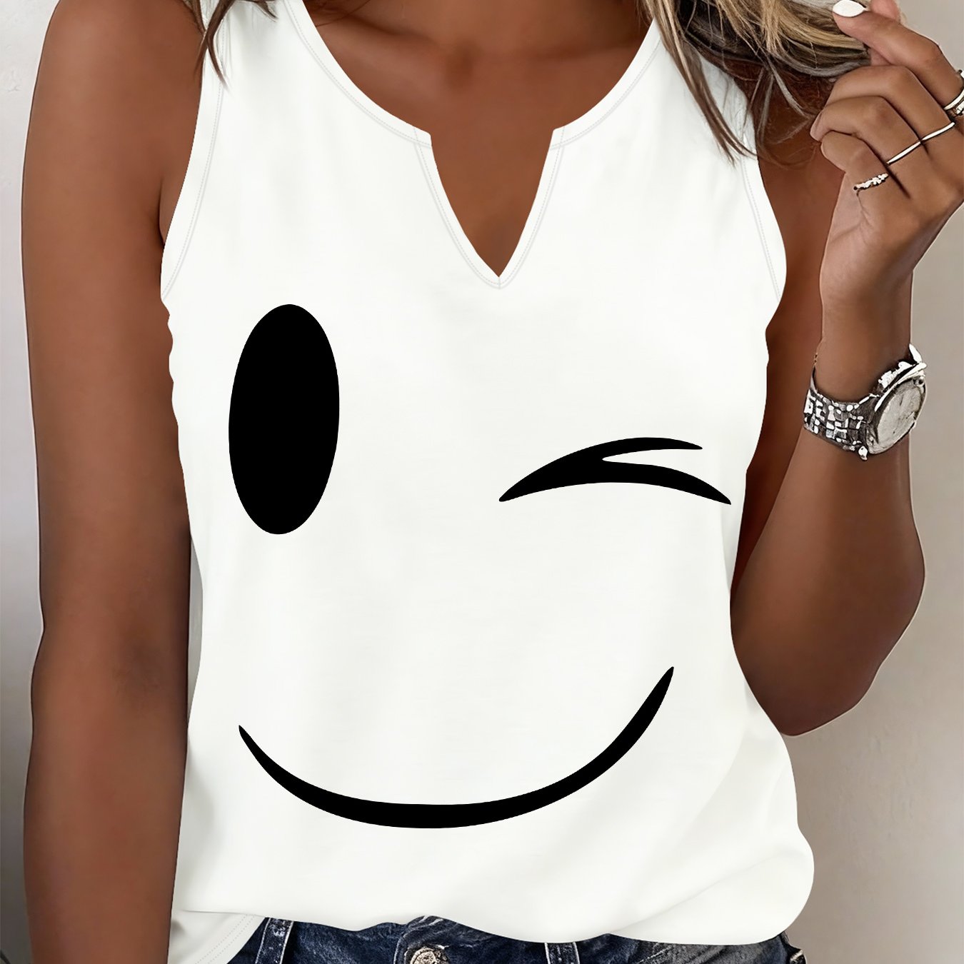 TEMU (052#) Women's Fashion Top, Smiling Print Sleeveless Vest, Casual Versatile Comfortable Breathable Top