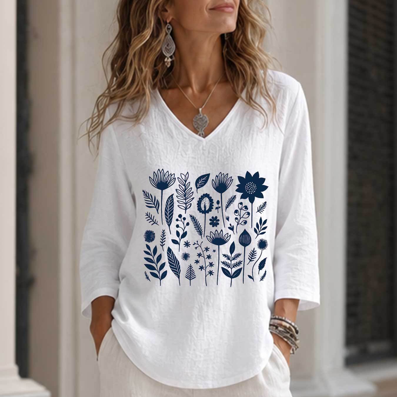 TEMU Blusa casual de uso diario para mujer de /verano, estilo simple con estampado de flores y hojas, holgada con cuello en V y de