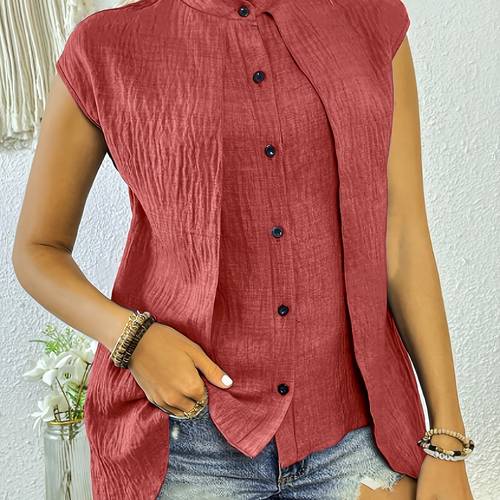 plus size womens fabric pleated solid color elegant stand collar shirt
