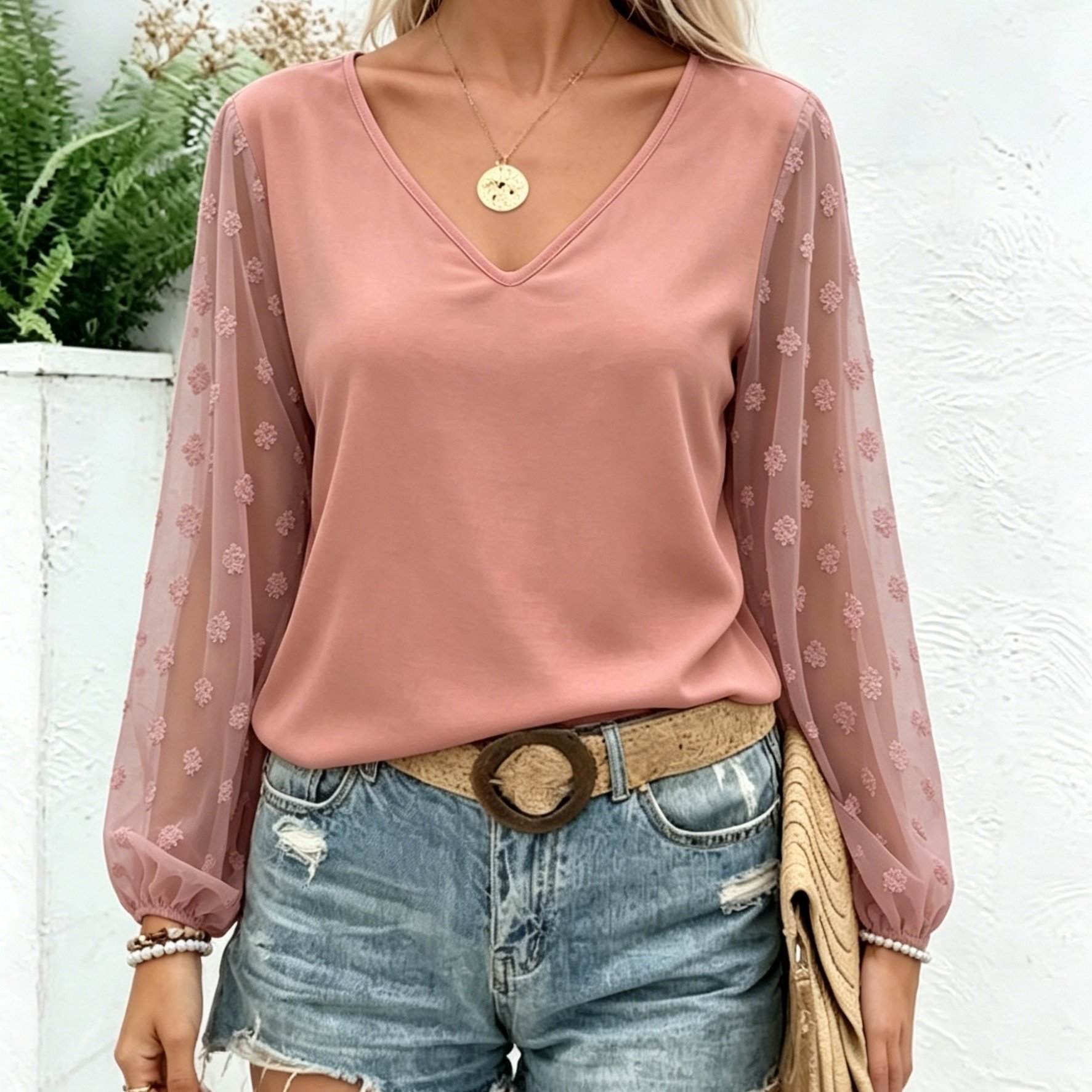 TEMU Dp030660 Women's Long Sleeve Shirt, Solid Color Elegant Fashion Casual Long Sleeve V-neck Long Sleeve Regular Top, Vacation Work Daily Wear For