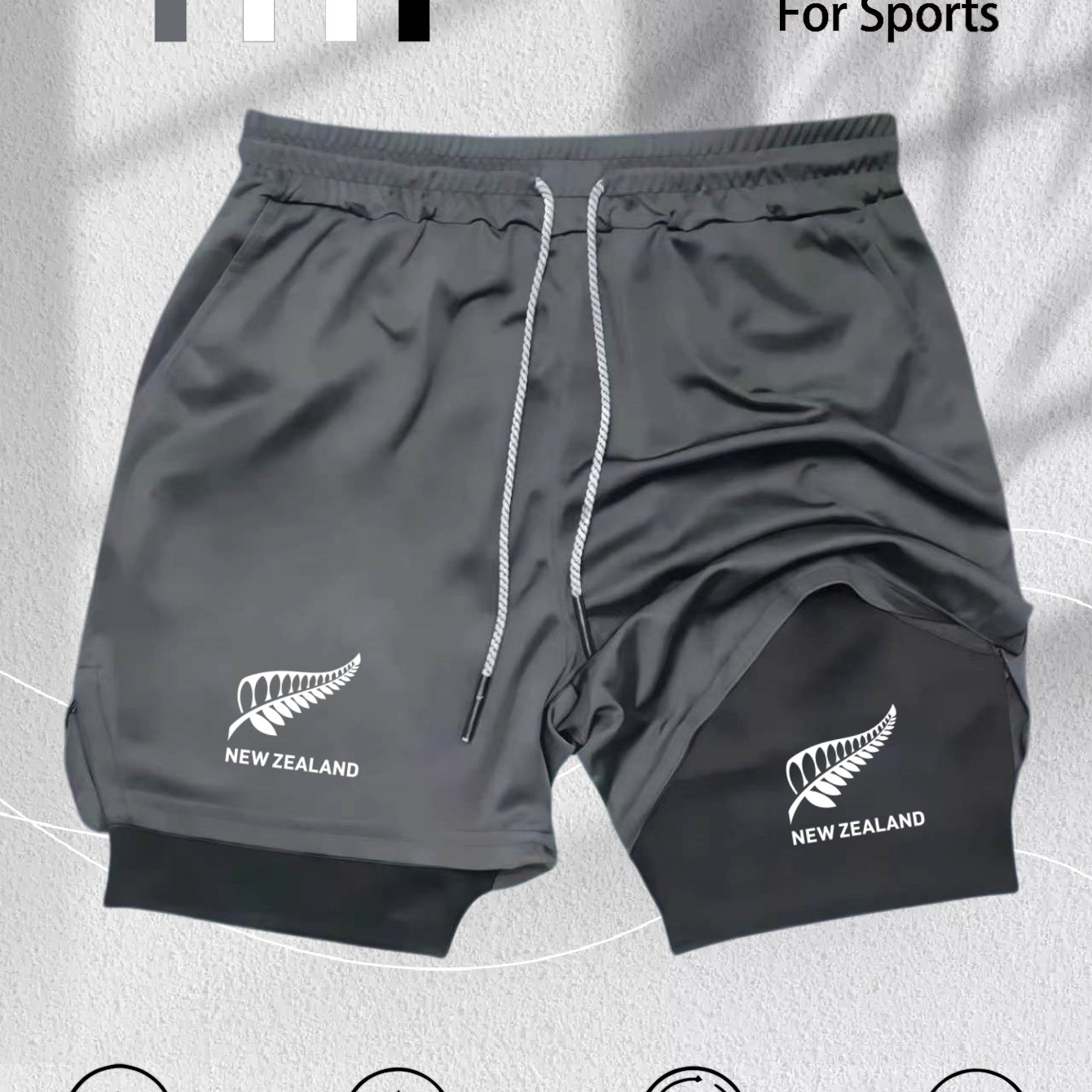TEMU Men's Trendy Fashion Double-layer Athletic Shorts, New Zealand English , Breathable Quick-dry Moisture-wicking, Suitable For Casual Commute,