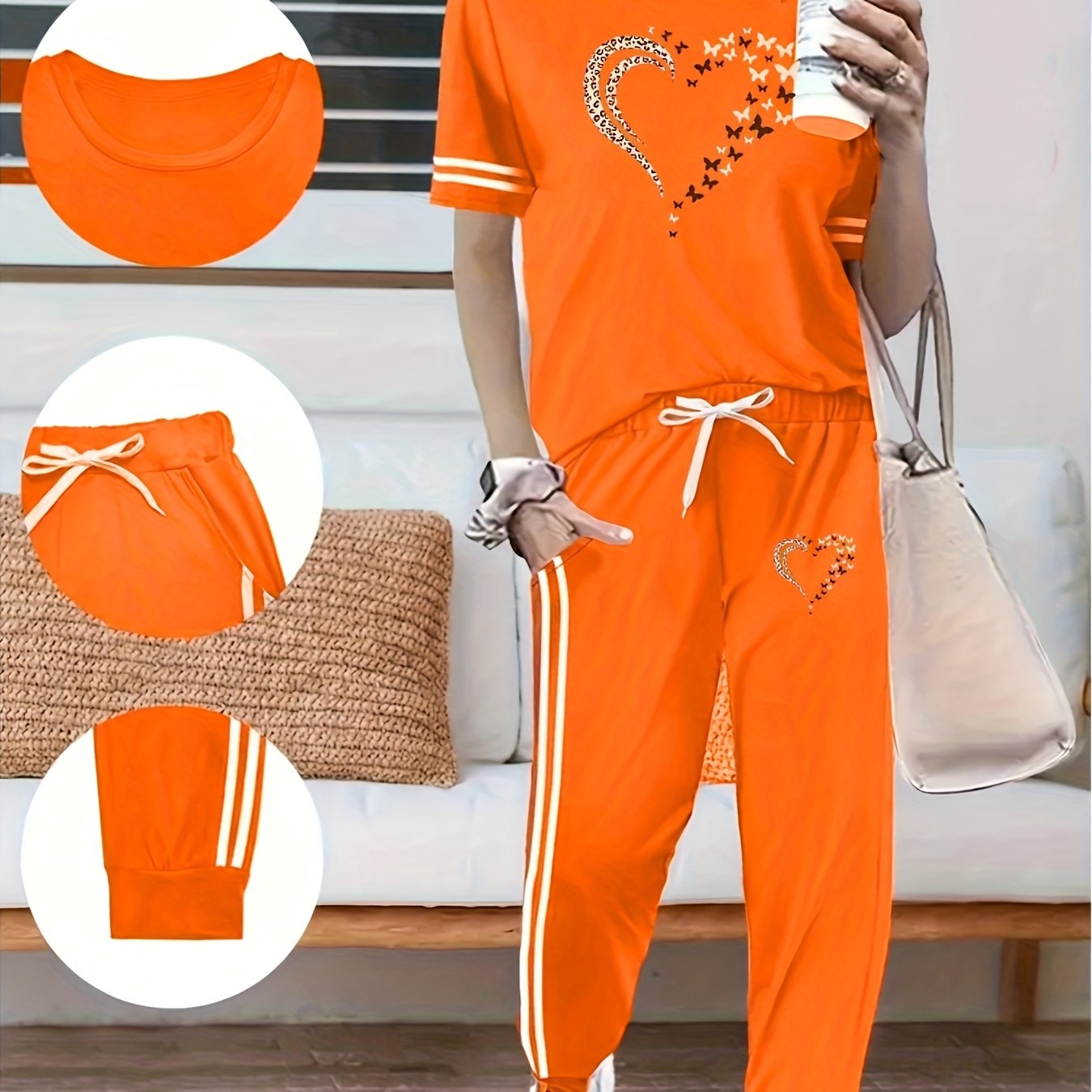 Image of 3506z96 Women's Spring Summer 2pcs Set Round Neck Short Sleeve High Waist Side-pocket Long Pants Women's Set