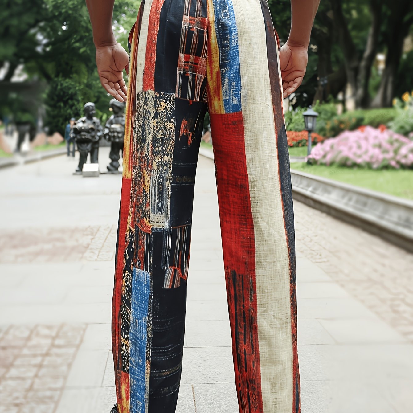 TEMU Men's Casual Sports Long Pants: Men's Color Block Pants, Mid-waist Drawstring Elastic Waist, Hawaiian Casual Outdoor Party Evening Festival