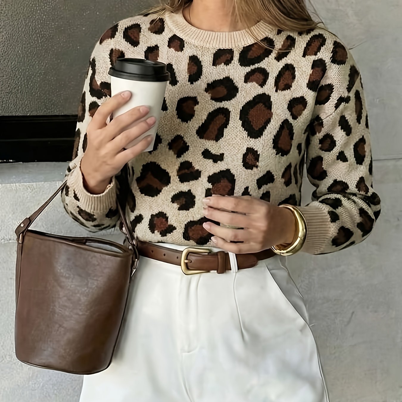 TEMU Retro Rundhals Leopardenmuster Langarm Pullover Damen Herbst Winter Locker Kurze Oberteil