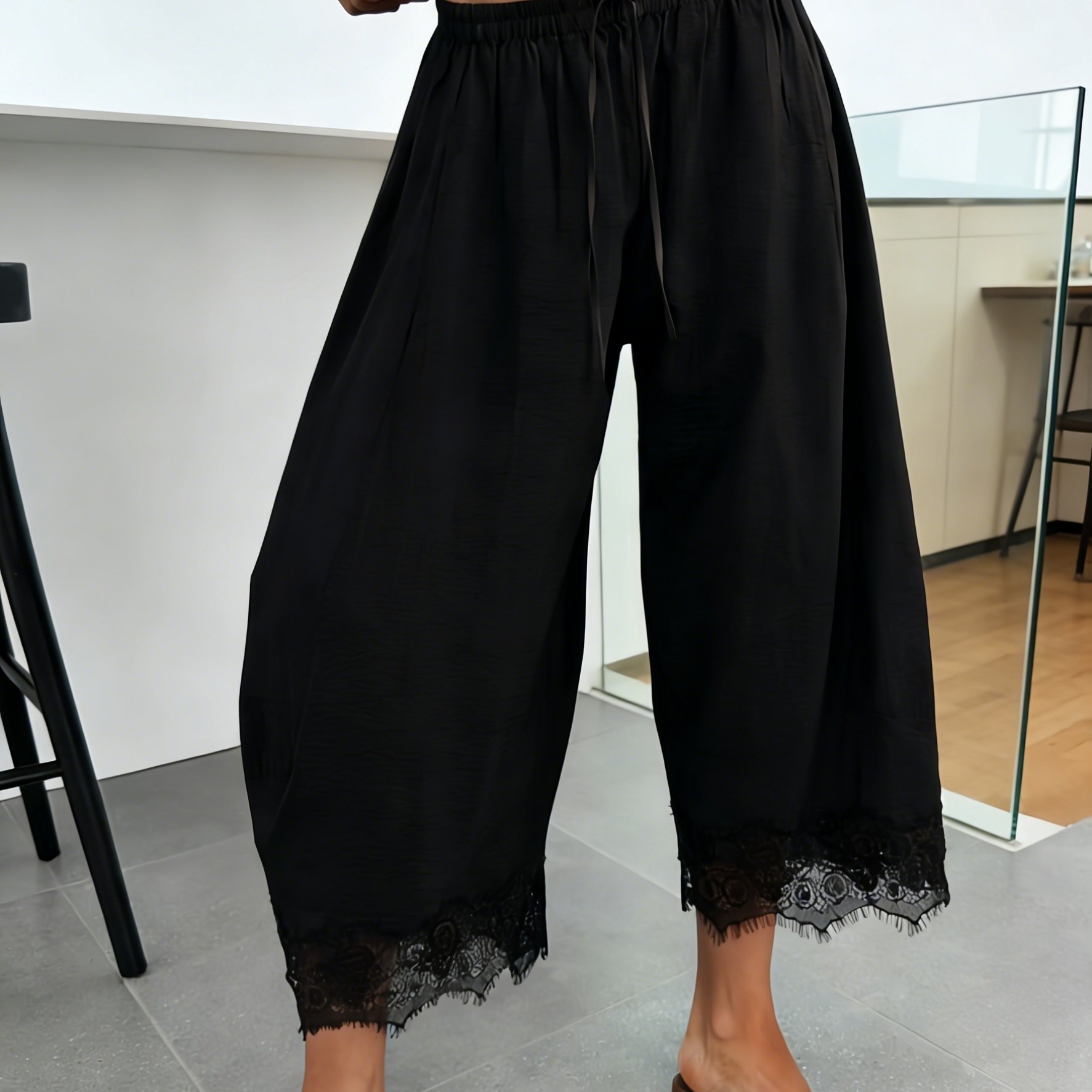 2026 Summer New Style Relaxed Fit Black Flowy Wide-leg Pants With Lace , High-waisted Loose Fit Ankle Pants, Beautiful Lantern Pants For Holiday And Vacation Casual Wear