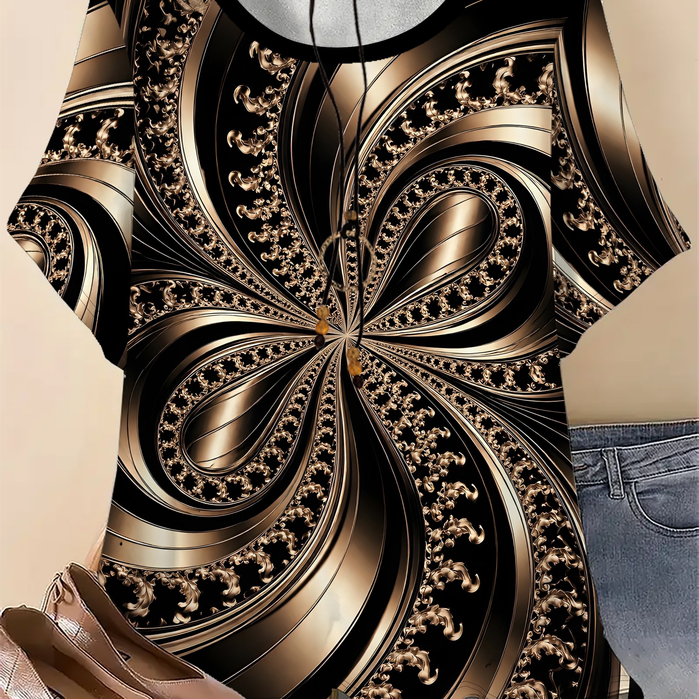 TEMU Plus Size - Plus Size - Plus Size Women's Full Spiral Print T-shirt - Short Sleeve Round Neck Top, Suitable For Daily , Office And Semi-formal