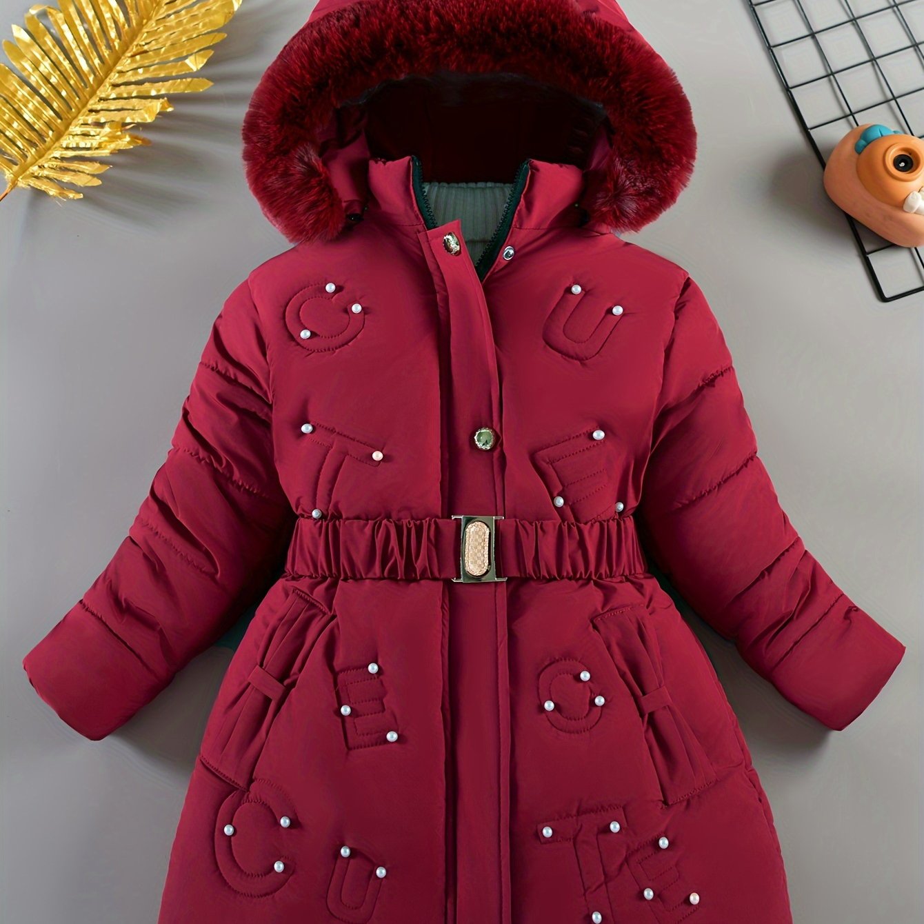 Image of Girls' Casual Fashion Belt Inner Fleece Hooded Coat, Winter 1pc