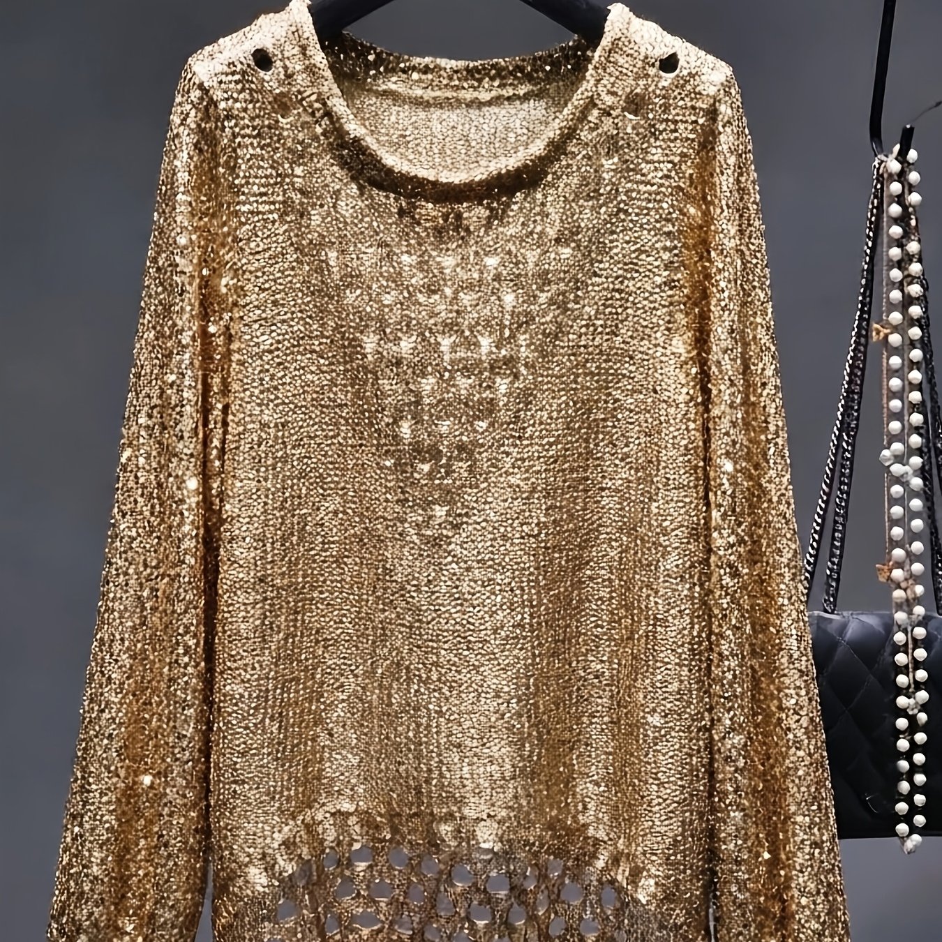TEMU Women's Fashionable And Elegant Sparkling - Top, Solid Color Slim-fit Sweater, Suitable For , Parties, And Country Music Festivals