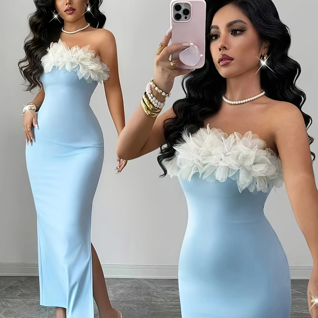 TEMU 1pc Sexy Resort-style Turquoise Bandeau Dress