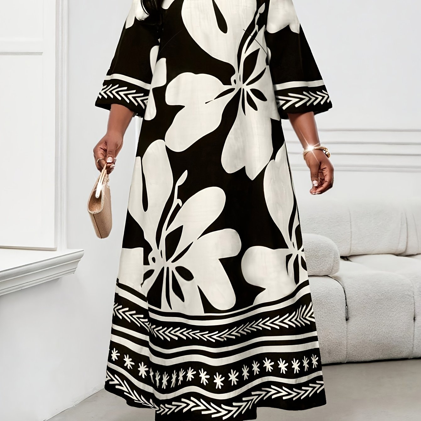 TEMU Plus Size, Plus Size Women's -, V-neck, Three-quarter Sleeve Dress