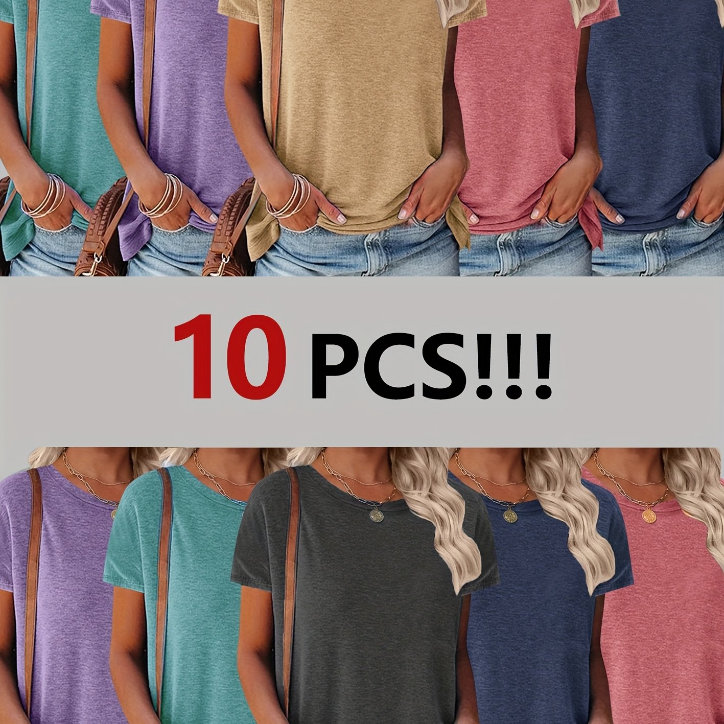 TEMU Set Of 10 Stylish Solid Color Round Neck Elegant Short Sleeve T-shirts For Women, Suitable For Family Outfits, Sister Sets, Class Group