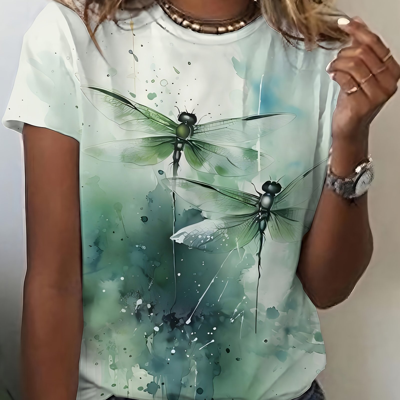 E-shop T-Shirt mit Aquarell-Druck einer grünen Libelle, Damen-Modetop, lässiges bequemes Alltags-T-Shirt für Damen, neuer Sommerstil