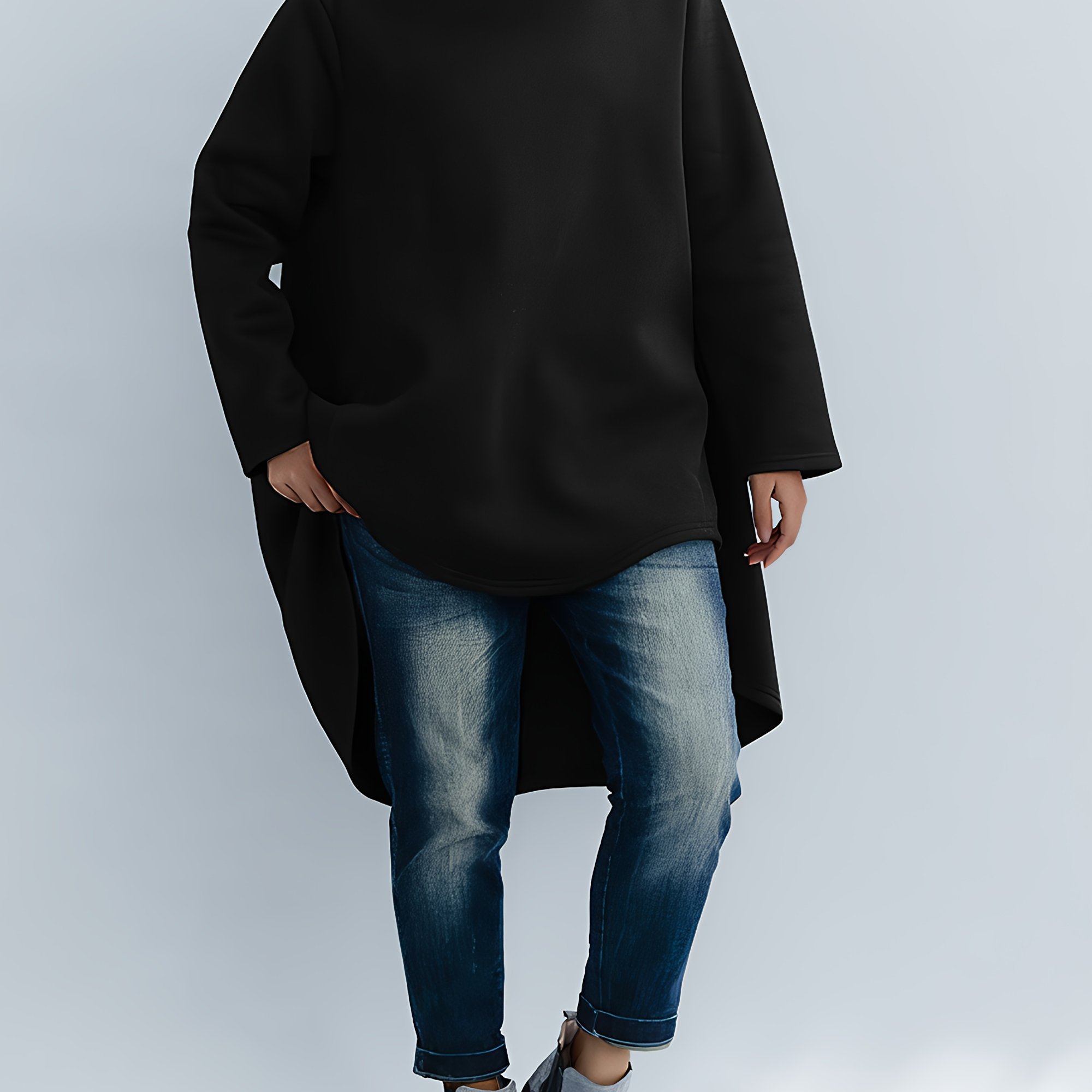Plus Size - Plus Size - New Plus Size Fashion High-neck Thin Fleece Base Layer Asymmetrical Hem Loose Sweatshirt Casual Versatile