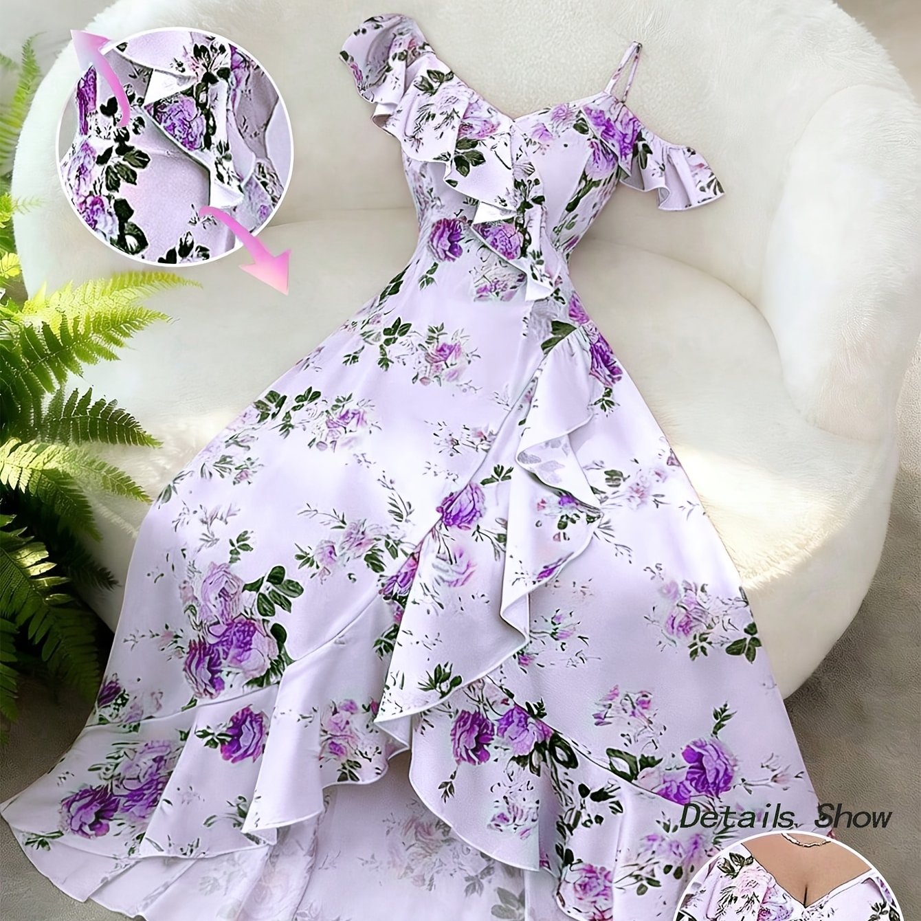 TEMU Gentle Lilac Purple Print Suspender Long Dress With Waist Design, Irregular Lotus Leaf Edge, And Asymmetrical Shoulder Design
