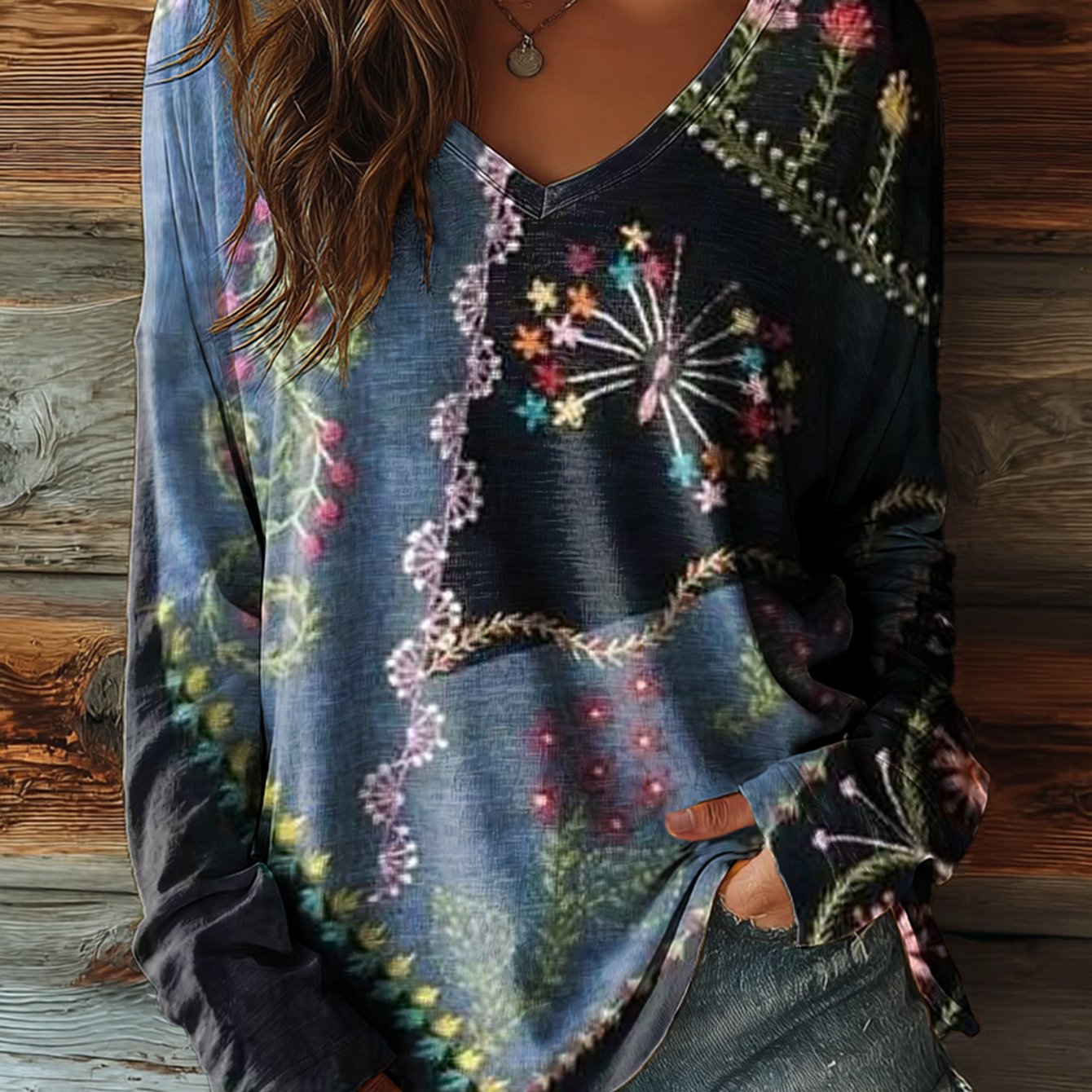 TEMU Early Spring Women' Blue Retro Floral Print V-neck T-shirt Long Sleeve Loose Fit Casual Shirt For Daily Street Wear, Outdoor Commuting Style