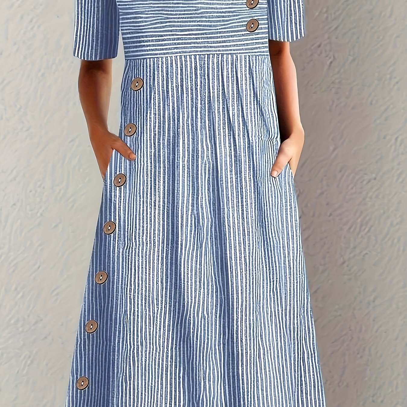 Image of New Summer Round Neck Striped Pocket Short Sleeve Dress, Casual Elegant Women's Clothing
