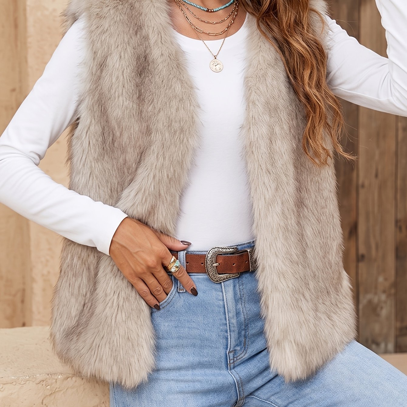 TEMU Plus Size - Dames Herfst Winter Dik Pluche Imitatie Vest, Los Mid-Length Veelzijdig Mouwloos Bovenkleding Vest