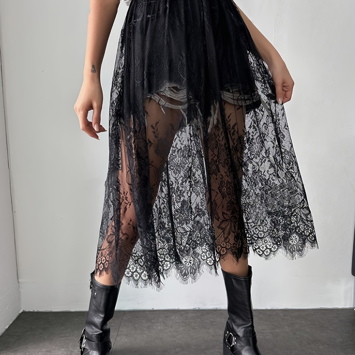 Image of Women's Elegant Lace Skirt - Flowy A-line Hem With Lace Panels, Formal & Everyday Outfits, , Office, Casual Attire - Women's Fashion Bottoms, Lace Skirt, Office Wear, Stylish Bottoms