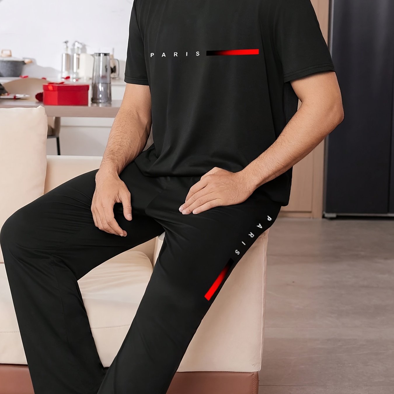 E-shop 2er-Set Herren Pyjama mit Buchstabendruck und Kurzarm Langhosen in Schwarz