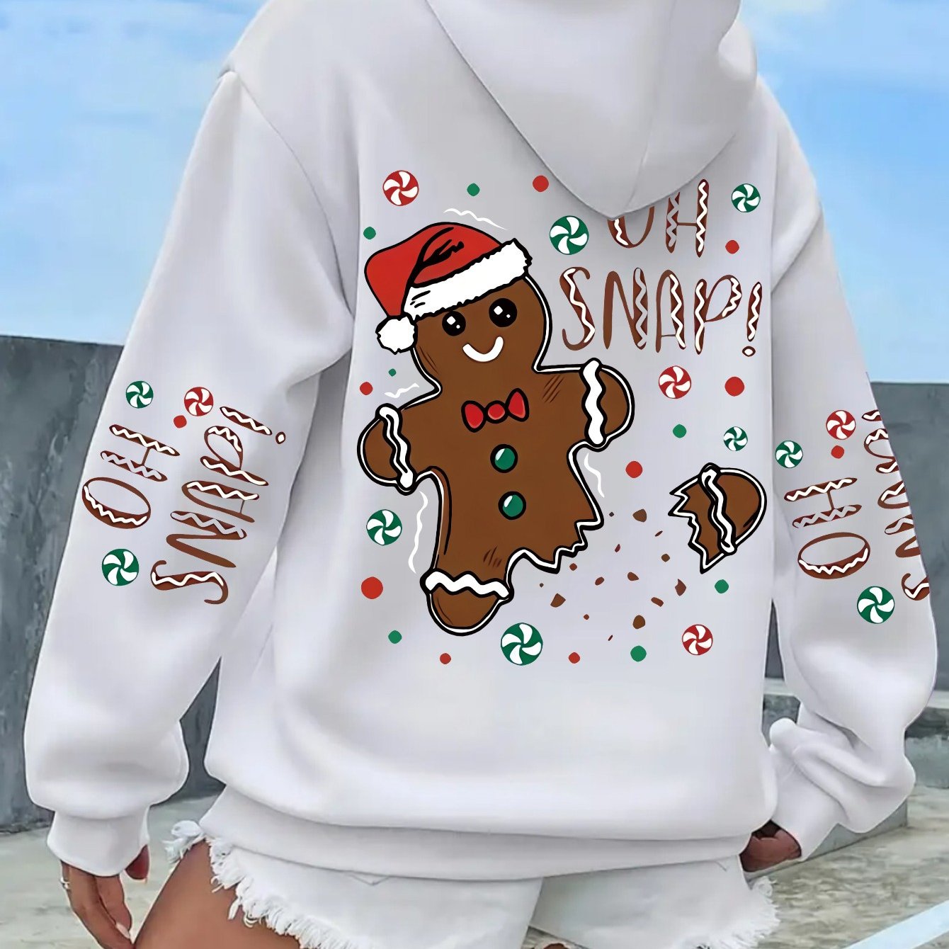 TEMU 1pc Women's Christmas Candy Man Printed Hoodie, Casual Drawstring Long Sleeve Kangaroo Pocket Pullover, 100% Fabric, Wear