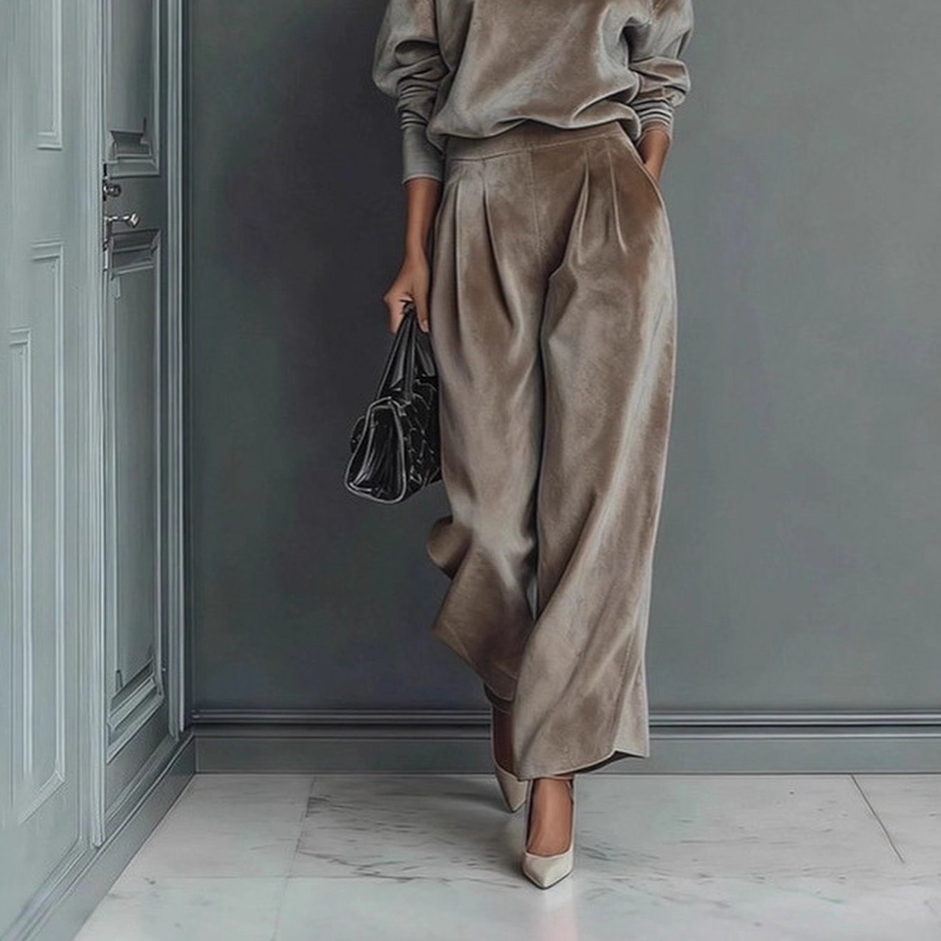 Women's Autumn And Winter Fashionable Casual Set - Long-sleeve Solid-color High-neck Wide-leg Pants