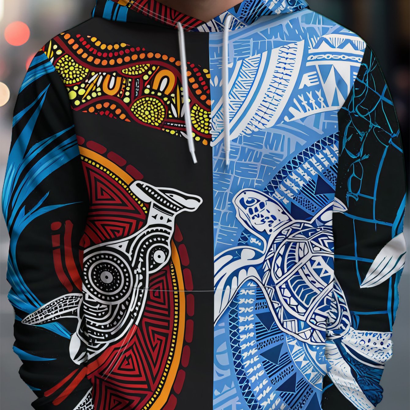 TEMU Fashion Hooded Sweatshirt, Casual Sporty Hoodie With Multicolor Turtle Print And Front Pocket - Stretch Blend, Suitable For Spring And Autumn,