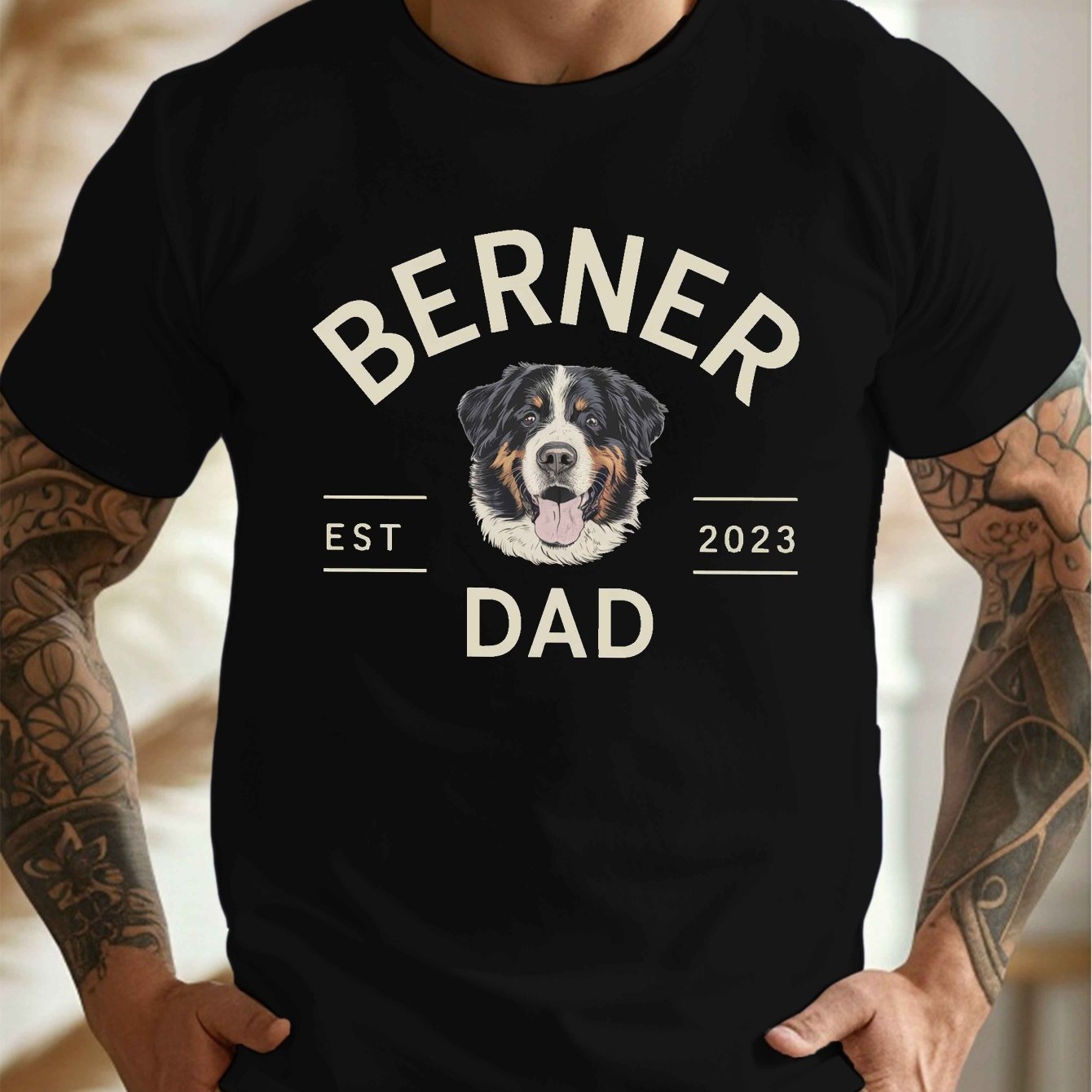 TEMU Dad Illustration Print, Men's Round Crew Neck Short Sleeve Tee, Casual T-shirtcasual Comfy Lightweight Top For Summer
