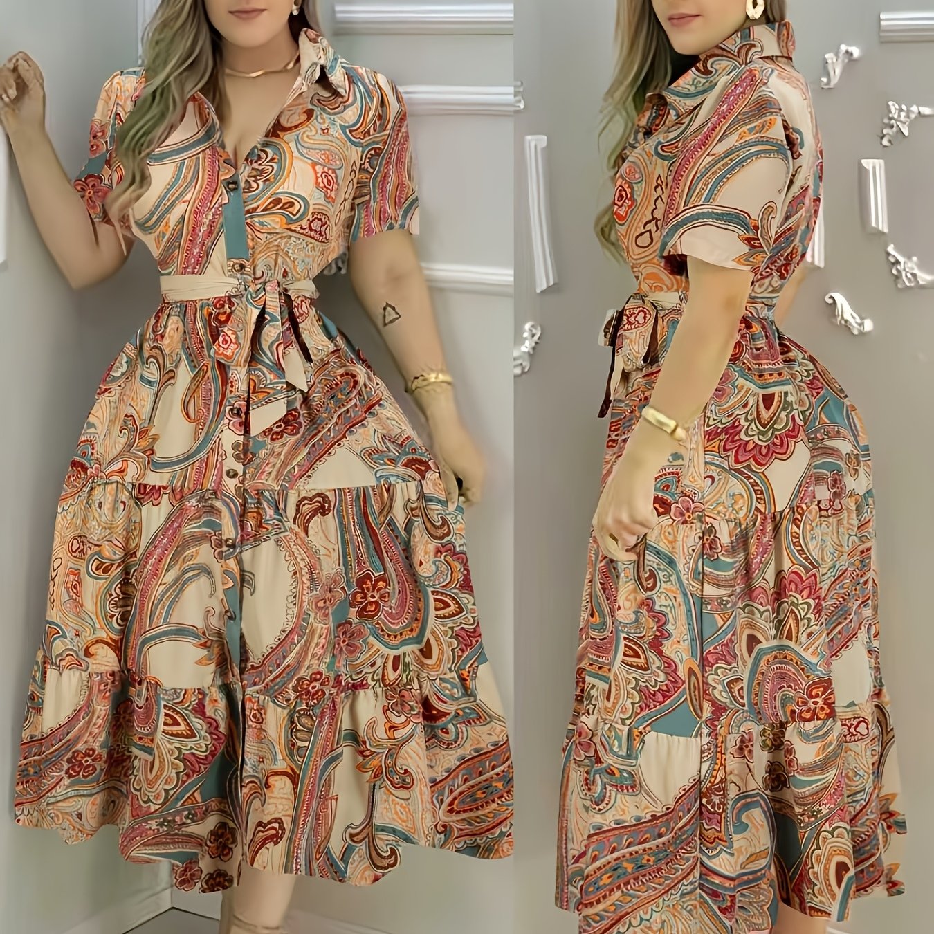 TEMU robe chemise à pour femme - Robe décontractée, nœud sur le devant, style bohème, imprimé , vacances de printemps et d'été